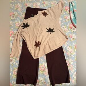 Leaf Pattern Beige Sweater and Brown Pants Set - size XL